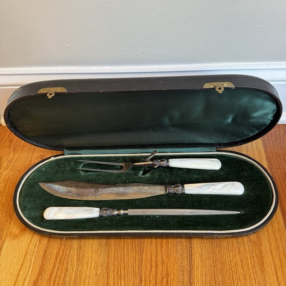 Antique Sterling Silver & Mother of Pearl Carving Set w/ Case Knife Fork Steel - Picture 1 of 16
